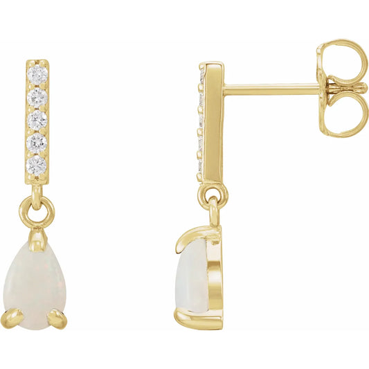 Natural White Opal Natural Diamond Dangle Earrings Yellow gold showing post