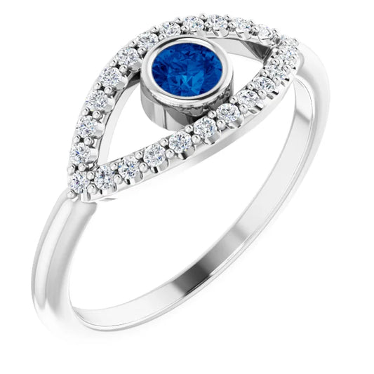evil Eye Diamond Ring - Blue Sapphire Ring on 14K White Gold