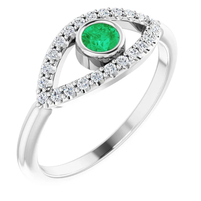 evil Eye Diamond Ring - Natural Emerald Ring on 14K White Gold
