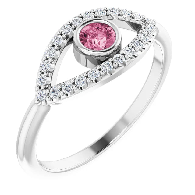 evil Eye Diamond Ring - pink Tourmaline Ring on 14K White Gold