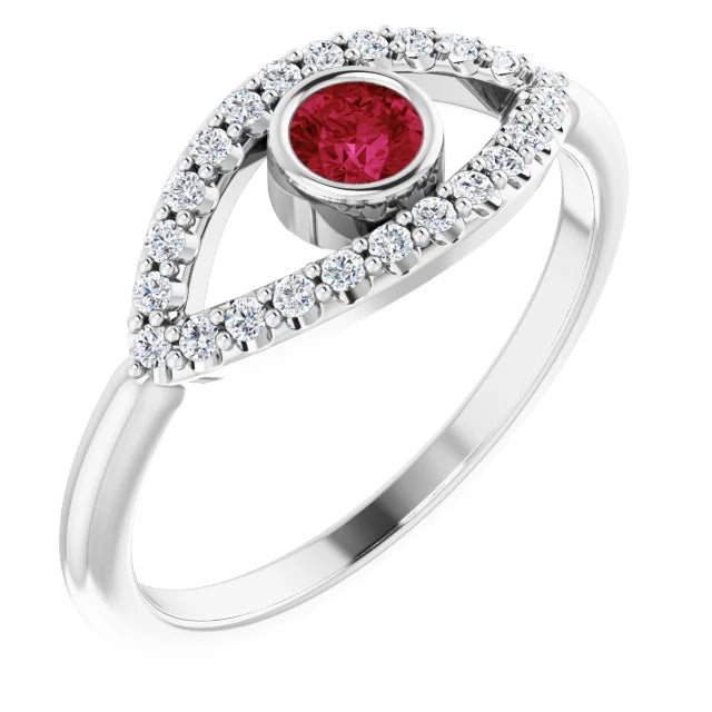 evil Eye Diamond Ring for women - Ruby Ring on 14K White Gold