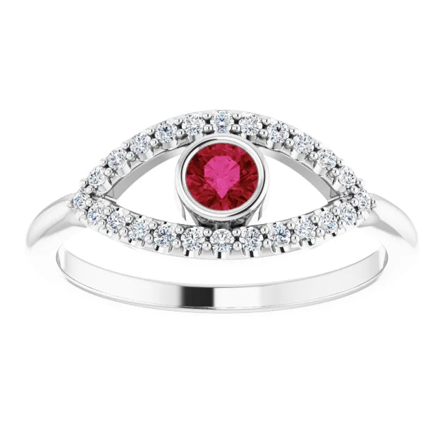 evil Eye Diamond Ring for women - Ruby Ring on 14K White Gold Details