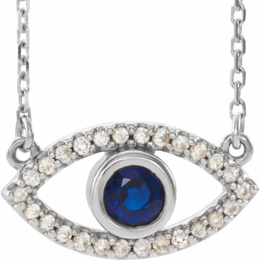Evil Eye blue sapphire necklace 14K White gold
