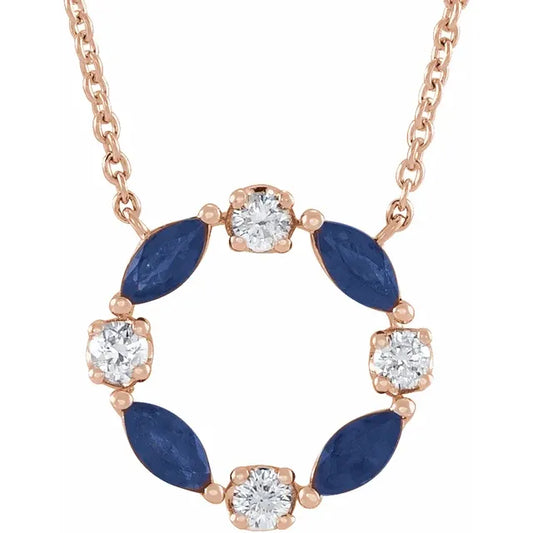 14K Rose gold open circle pendant necklace with alternating blue sapphires and natural diamonds