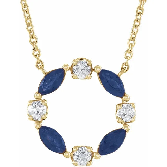 14K Yellow gold open circle pendant necklace with alternating blue sapphires and natural diamonds
