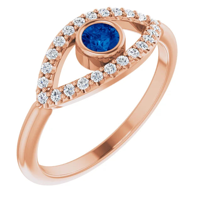evil Eye Diamond Ring for women - Sapphire Ring on 14K Rose Gold
