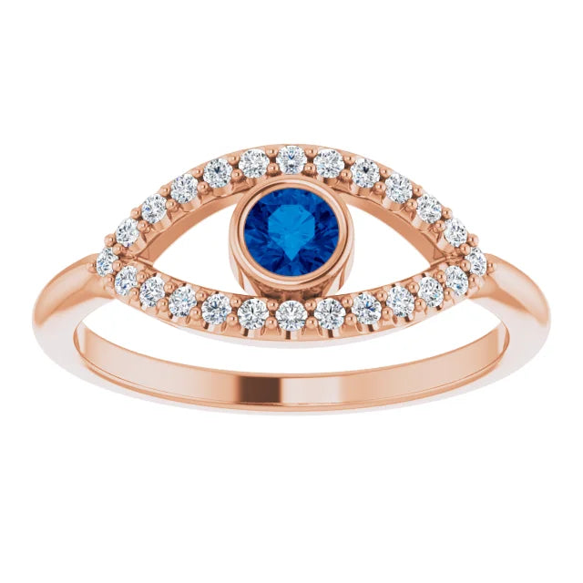 evil Eye Diamond Ring for women - Sapphire Ring on 14K Rose Gold Details