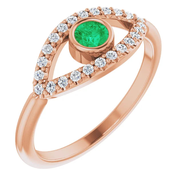 evil Eye Diamond Ring for women - Emerald Ring on 14K Rose Gold