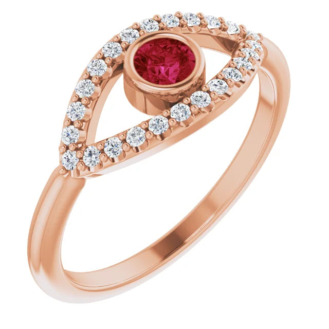 evil Eye Diamond Ring for women - Ruby Ring on 14K Rose Gold