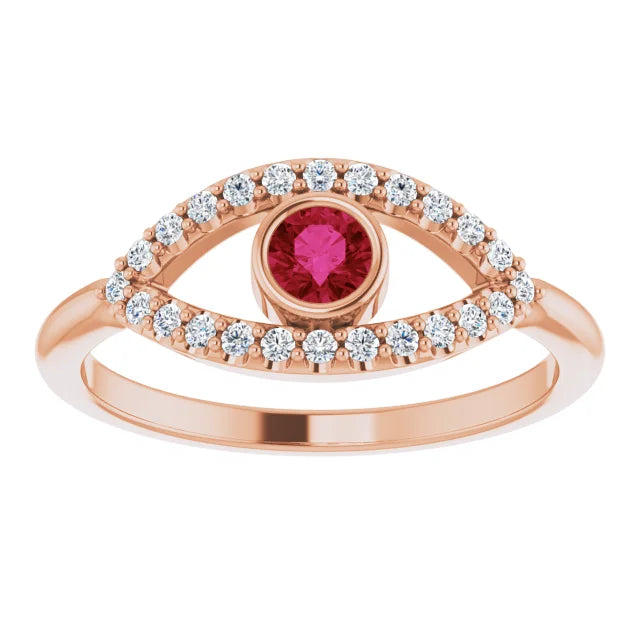 evil Eye Diamond Ring for women - ruby Ring on 14K Rose Gold Details