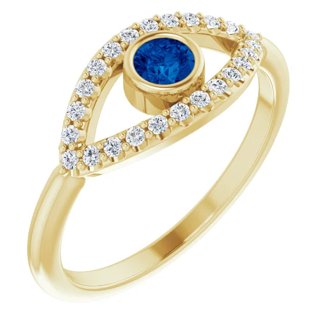 evil Eye Diamond Ring for women - Blue sapphire Ring on 14K Yellow Gold