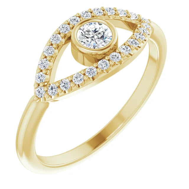evil Eye Diamond Ring for women - White Sapphire Ring on 14K Yellow Gold