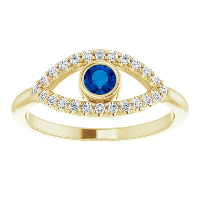 evil Eye Diamond Ring for women - Blue sapphire Ring on 14K Yellow Gold Details
