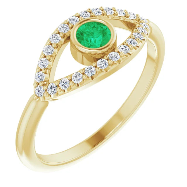 evil Eye Diamond Ring for women - Emerald Ring on 14K Yellow Gold
