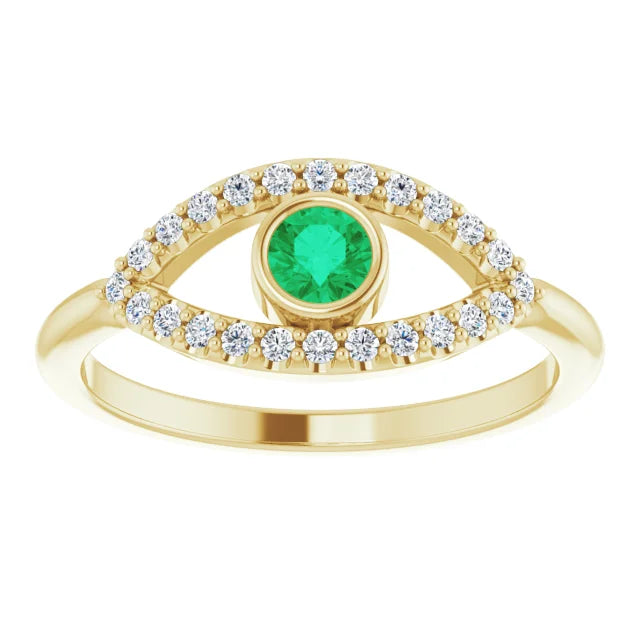 evil Eye Diamond Ring for women - Emerald Ring on 14K Yellow Gold Details
