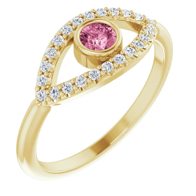 evil Eye Diamond Ring for women - Pink Tourmaline Ring on 14K Yellow Gold
