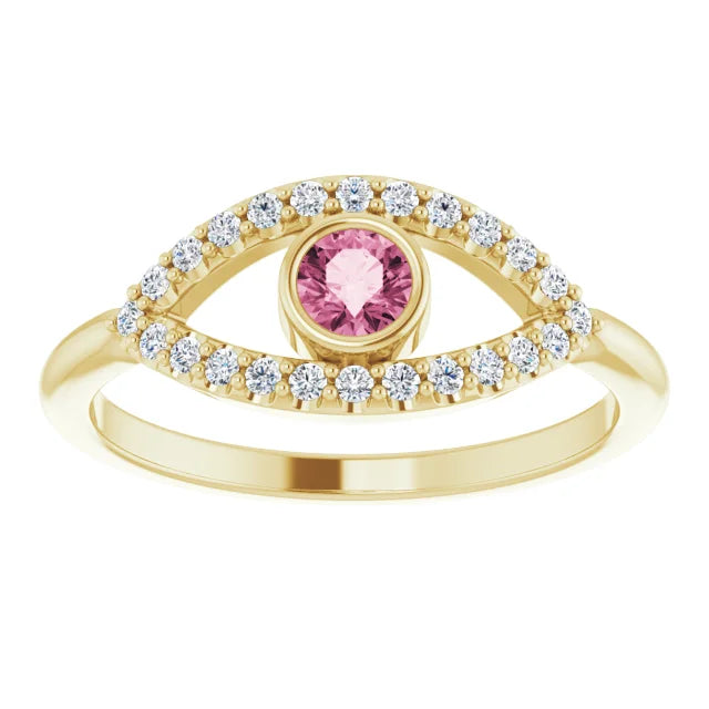 evil Eye Diamond Ring for women - Pink Tourmaline Ring on 14K Yellow Gold Details