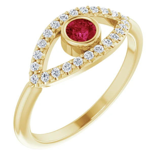 evil Eye Diamond Ring for women - Ruby Ring on 14K Yellow Gold