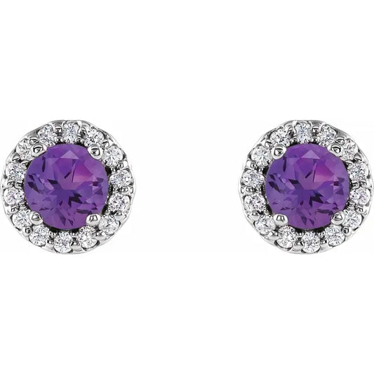 6 mm 14K White Gold Natural Amethyst & Natural Diamond Halo Stud Earrings