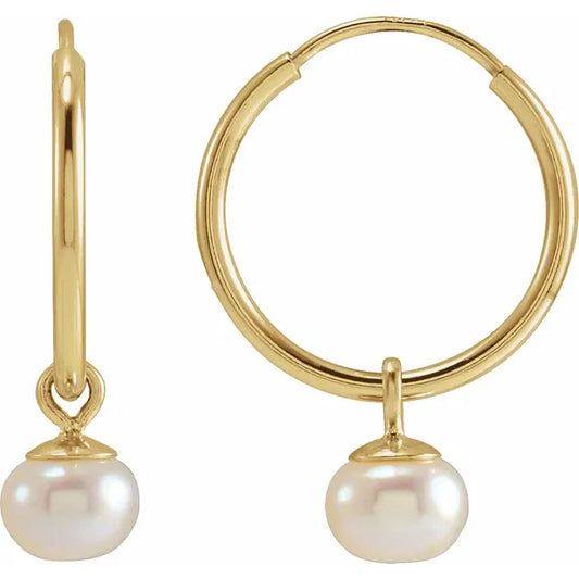 14K Yellow Gold 12 MM Freshwater Pearl Endless Hoop Earrings 
