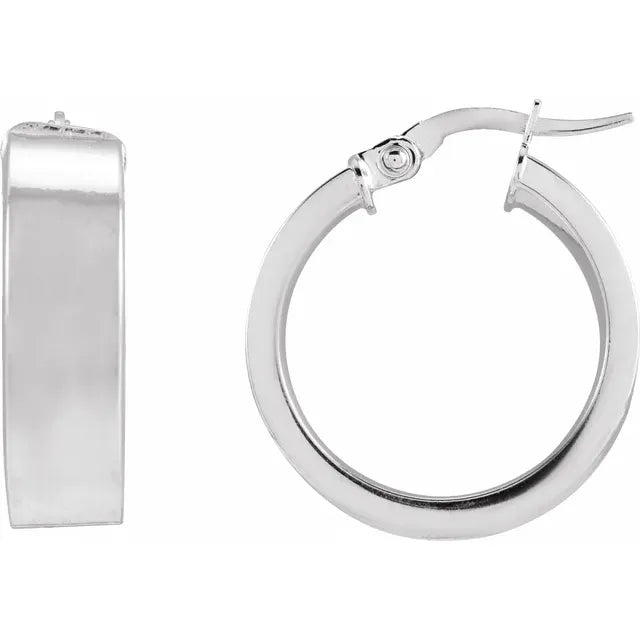 14K White Gold 15 mm Flat Tube Hoop Earrings 