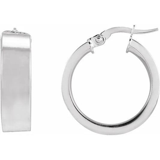 14K White Gold 15 mm Flat Tube Hoop Earrings 