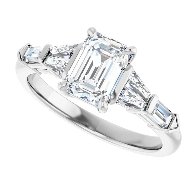 Side picture for 1 CT 5-Stone Emerald Cut diamond engagement ring with tapered baguette and Straight baguette side stones  Set in white gold or platinum 