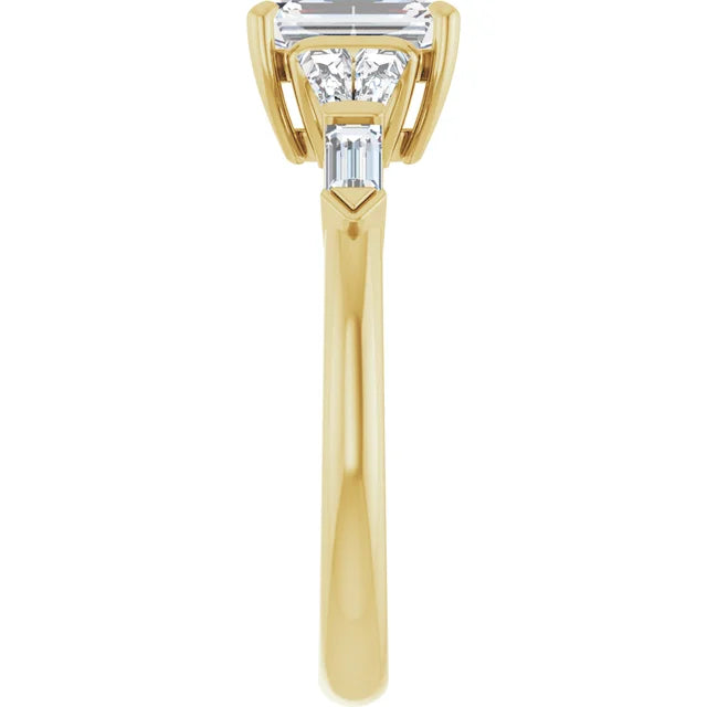 1 CT 5-Stone Emerald Cut diamond engagement ring with tapered baguette and Straight baguette side stones  Showing shank and sidestones from the side 