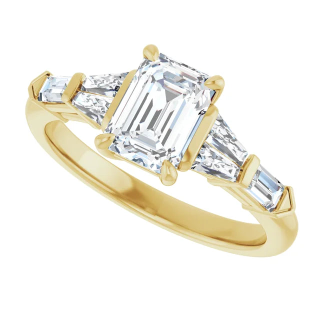 Sideway picture for 1 CT 5-Stone Emerald Cut diamond engagement ring with tapered baguette and Straight baguette side stones  Set in Yellow gold