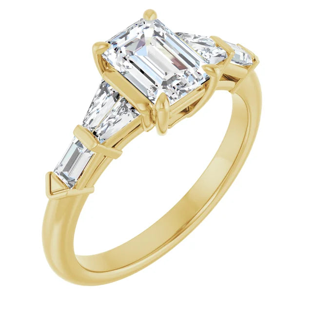 Side picture 1 CT 5-Stone Emerald Cut diamond engagement ring with tapered baguette and Straight baguette side stones  set in yellow gold