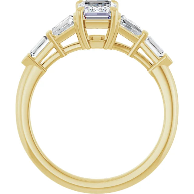 1 CT 5-Stone Emerald Cut diamond engagement ring with tapered baguette and Straight baguette side stones  set in Yellow Gold showing under gallery 