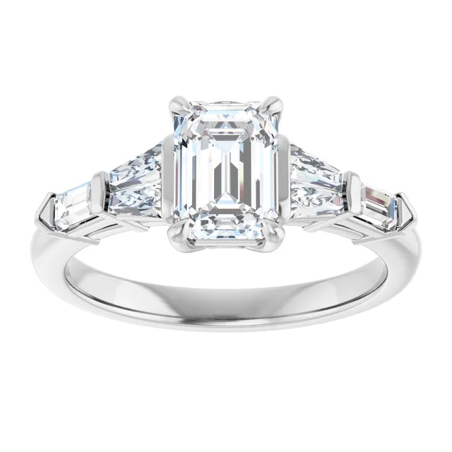 1 CT 5-Stone Emerald Cut diamond engagement ring with tapered baguette and Straight baguette side stones  Set in white gold