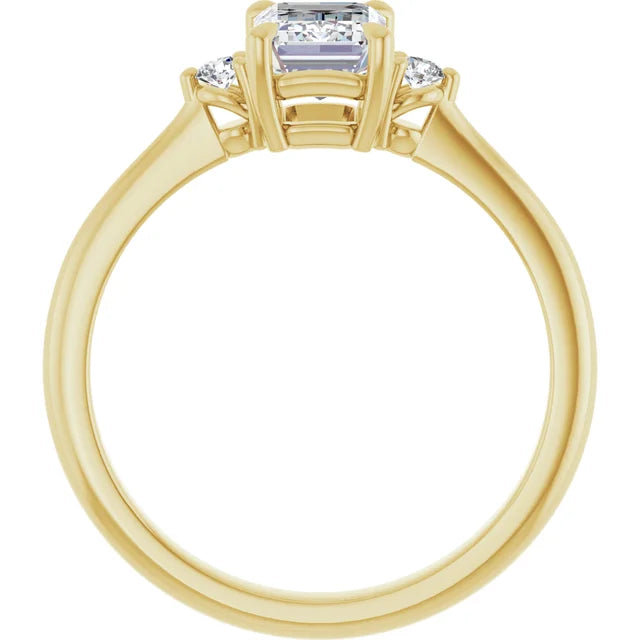 1 CT Three Stone Round and Emerald Diamond engagement Ring Set in Yellow gold showing under gallery 