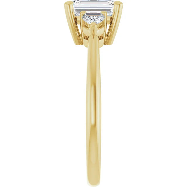 1 CT three Stones Emerald and Pear Three Stone Diamond Engagement Ring Set in Yellow Gold showing Shank from the Side