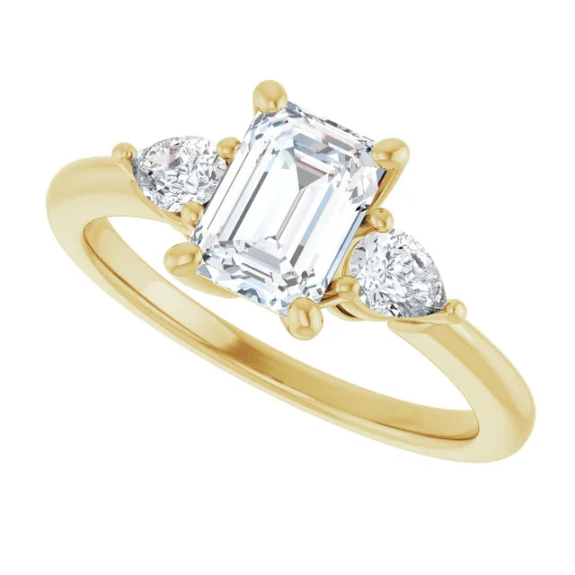 Sideway Picture for 1 CT three Stones Emerald and Pear Three Stone Diamond Engagement Ring Set in Yellow gold 