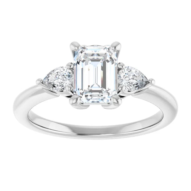 1 CT three Stones Emerald and Pear Three Stone Diamond Engagement Ring Set in white gold or platinum 
