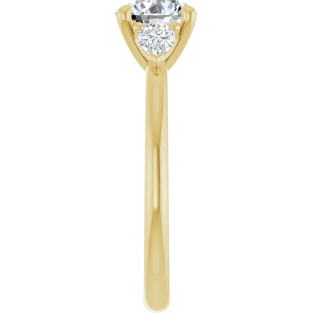 sideway picture for 1 1/4 CTW Three-stone diamond engagement ring with round center and pear-shaped side stones 