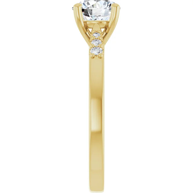 1 CT Video for Round diamond engagement ring with tapered natural diamond accents in Yellow gold sideway picture showing diamonds on the band