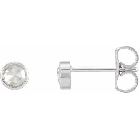 Platinum gold rose-cut diamond stud earring side profile with bezel setting and butterfly back
