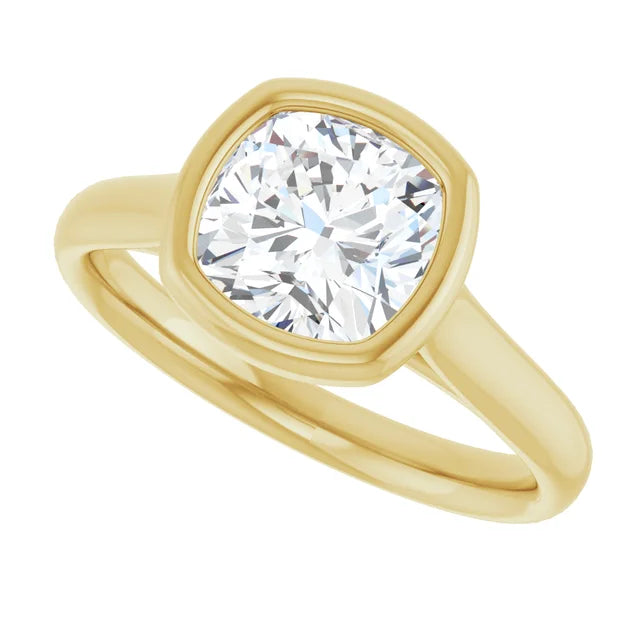 Sideway picture for 2CT Bezel Set Cushion Cut Diamond Engagement Ring Set in Yellow gold