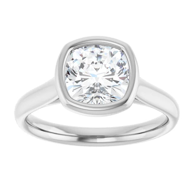 2CT Bezel Set Cushion Cut Diamond Engagement Ring Set in white gold or platinum 