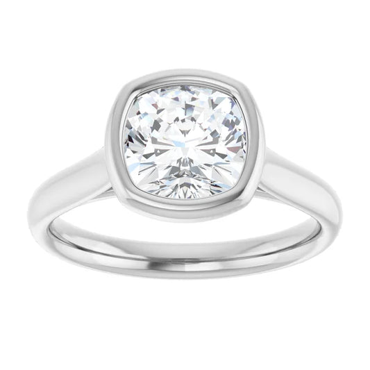 2CT Bezel Set Cushion Cut Diamond Engagement Ring Set in white gold or platinum 