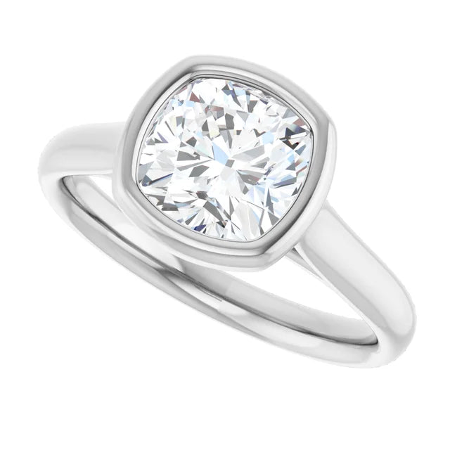Sideway Picture for 2CT Bezel Set Cushion Cut Diamond Engagement Ring Set in white gold or platinum 
