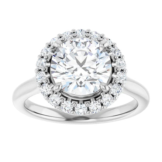 2 1/3 Round diamond engagement ring with a radiant-style halo and crown-like setting in White gold