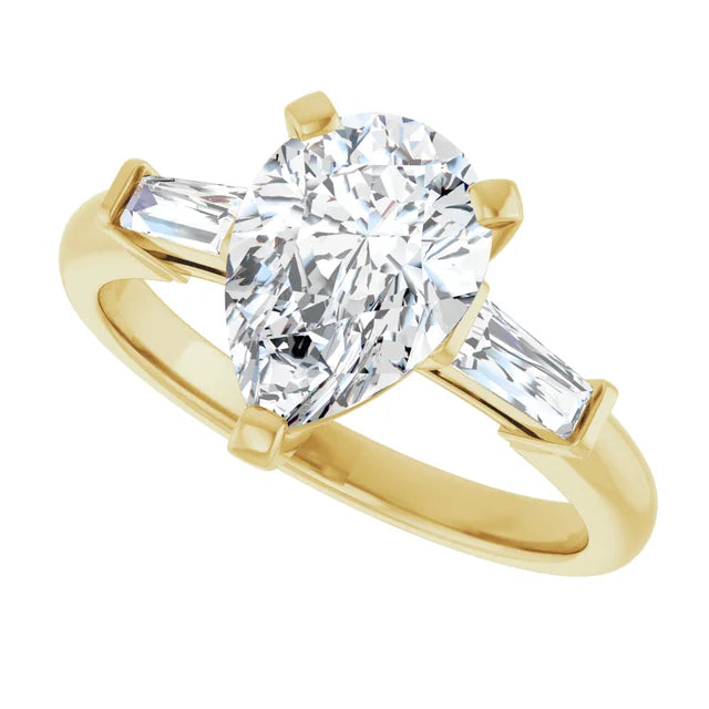 Sideway Picture for 2 CT Pear & Baguette Three Stone Diamond Engagement Ring for Women Set in Yellow Gold