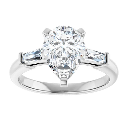 2 CT Pear & Baguette Three Stone Diamond Engagement Ring for Women Set in white gold or platinum 