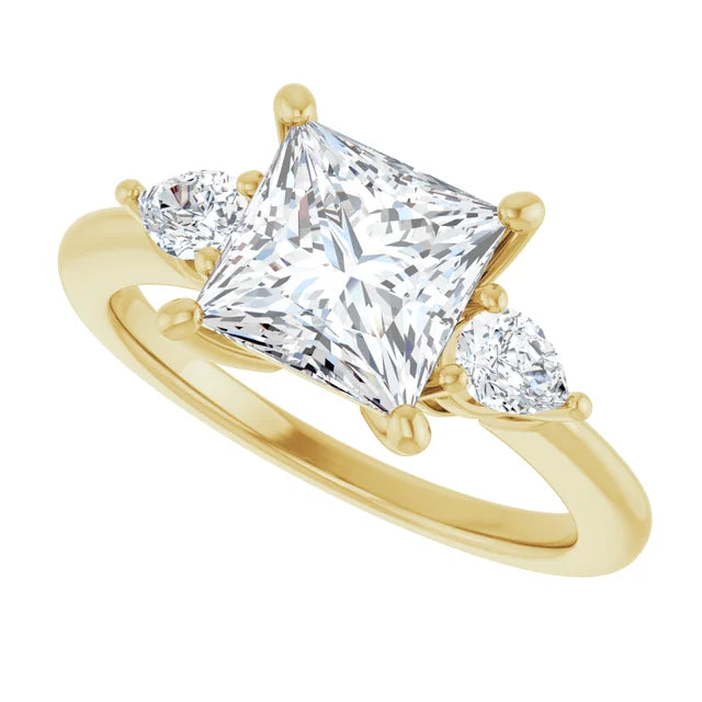 Sideway Picture for 2 CT three Stone Princess & Pear Diamond Engagement Ring for women Set in Yellow Gold
