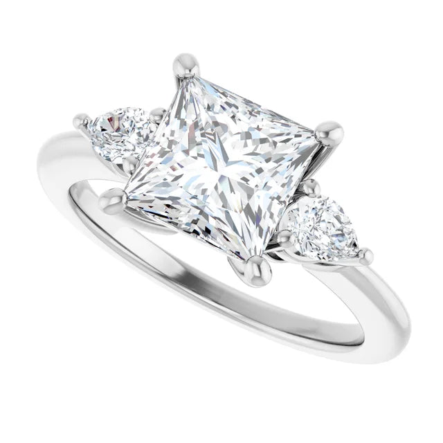 Sideway Picture for 2 CT three Stone Princess & Pear Diamond Engagement Ring for women Set in white gold or platinum 