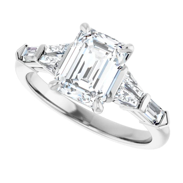 Sideway picture for 2 CT 5-Stone Emerald Cut diamond engagement ring with tapered baguette and Straight baguette side stones  set in white gold