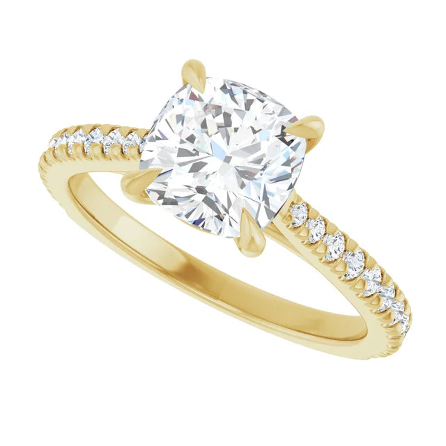Sideway Picture for 2CT Cushion Cut Solitaire Engagement Ring With Accented Diamond Set in Yellow Gold